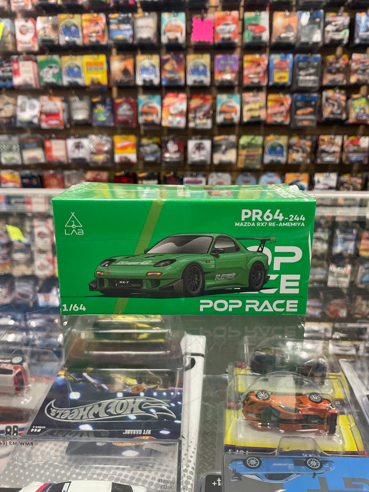 Set of 2 Pop Race PR64-248 Skyline GT-R V8 Drift (Hakosuka) Gold and Pop Race PR64-244 Mazda RX-7 Re-Amemiya Widebody Green