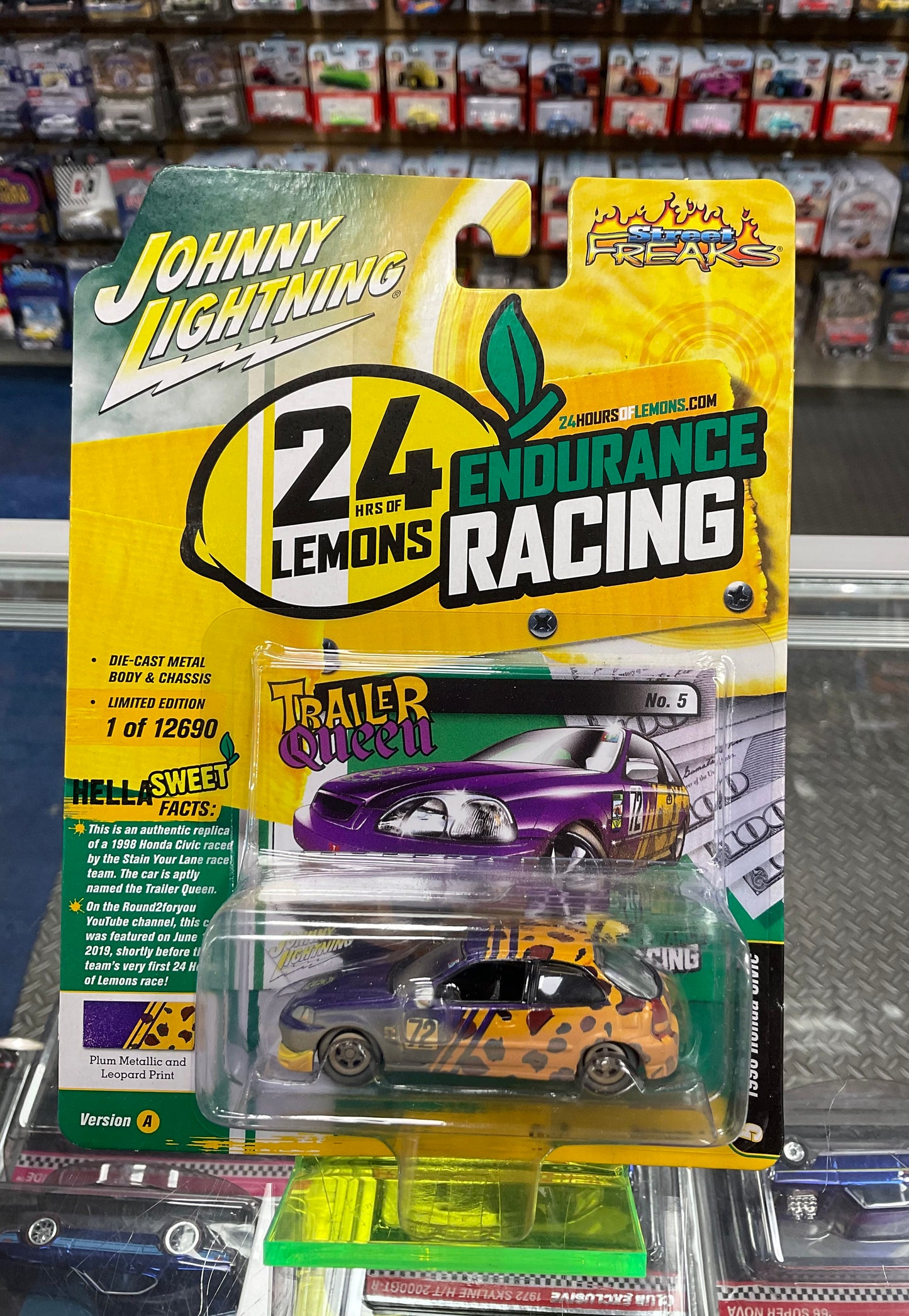 Johnny Lightning 24 Hrs of Lemons Endurance Racing 1998 Honda Civic Plum Metallic and Leopard Print