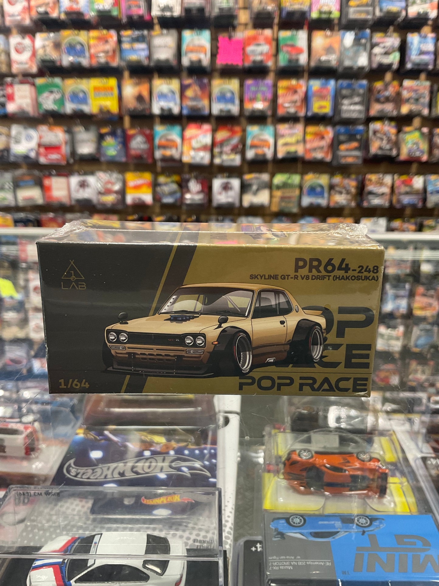 Set of 2 Pop Race PR64-248 Skyline GT-R V8 Drift (Hakosuka) Gold and Pop Race PR64-244 Mazda RX-7 Re-Amemiya Widebody Green
