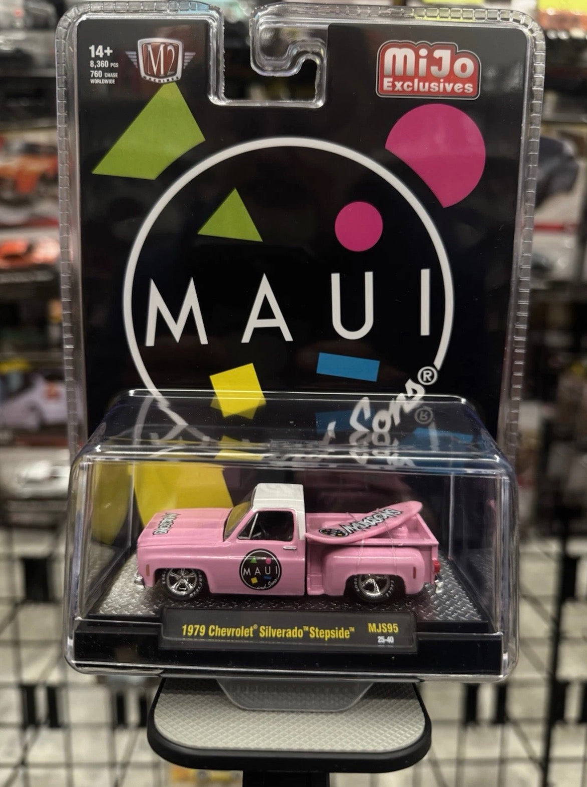 M2 Machines 1979 Chevrolet Silverado Stepside Maui & Son Pink with Surfboard