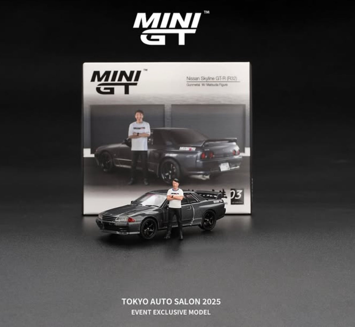 Mini GT 879 ltd to 500 Nissan skyline GTR R32 Gunmetal W/ Matsuda figure