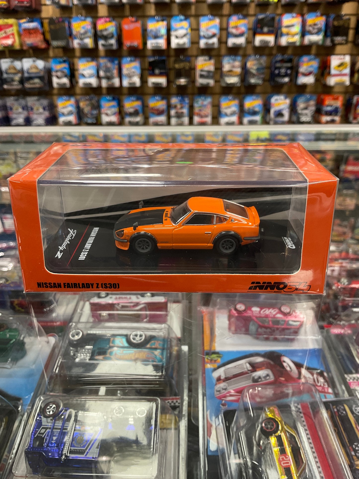 Inno64 Nissan Fairlady Z S30 Orange with Carbon Bonnet