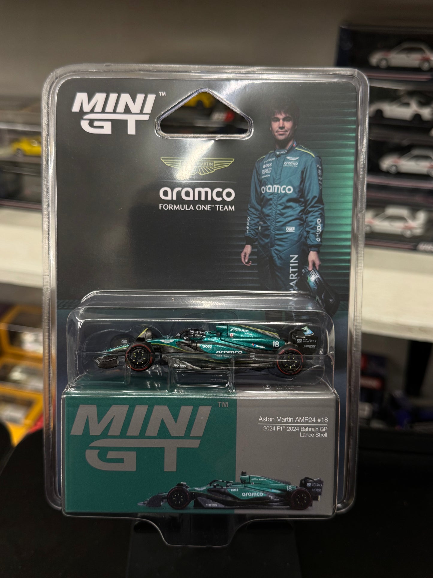 Mini GT 1001 Aston Martin AMR24 #18 2024 F1 2024 Bahrain GP Lance Stroll