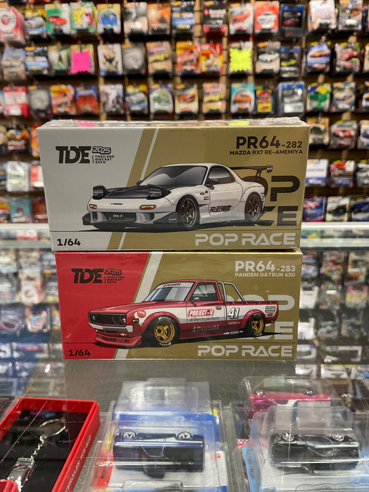 Set of 2 Pop Race PR64-282 Mazda RX7 RE-Amemiya White and Pop Race PR64-283 Pandem Datsun 620 Red