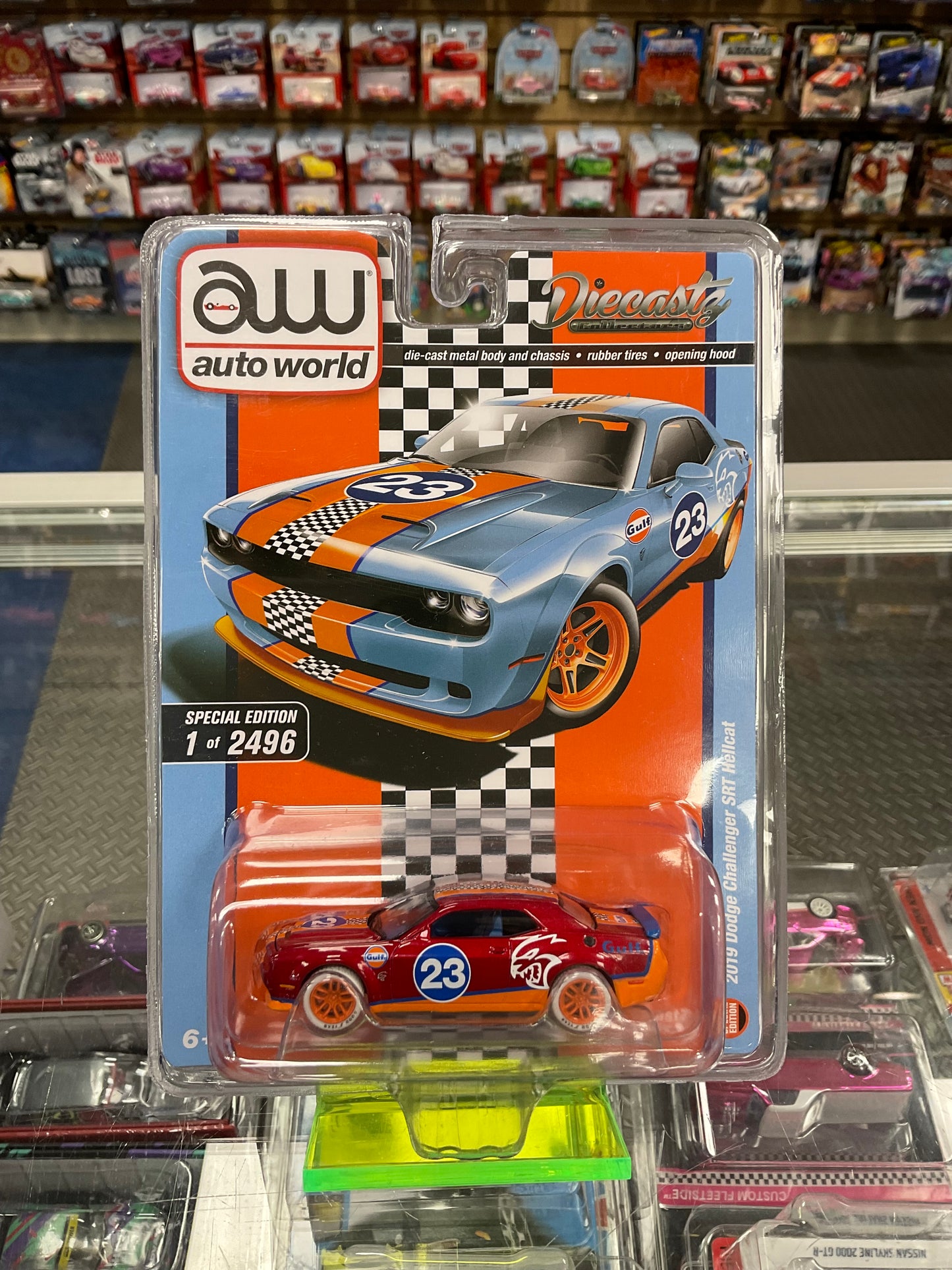 Autoworld DiecastZ Exclusive Gulf 2019 Dodge Challenger SRT Hellcat Chase and Regular