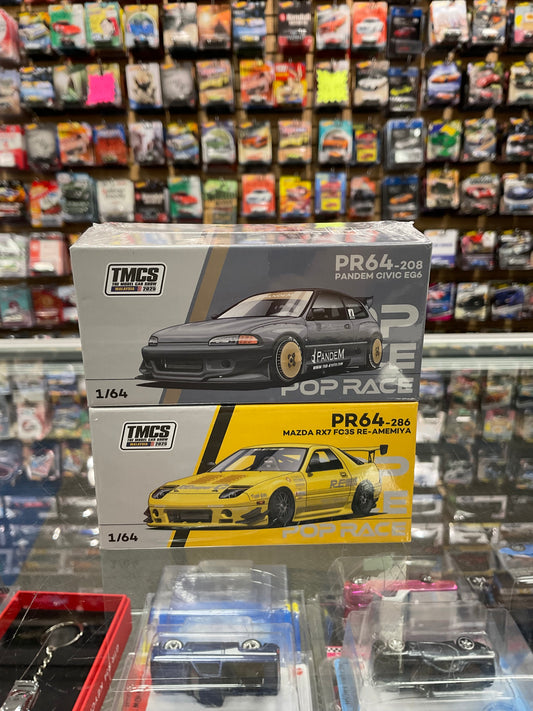 Set of 2 Pop Race PR64-208 Pandem Civic EG6 Dark Chrome and Pop Race PR64-286 Mazda RX-7 FC3S RE-Amemiya Yellow