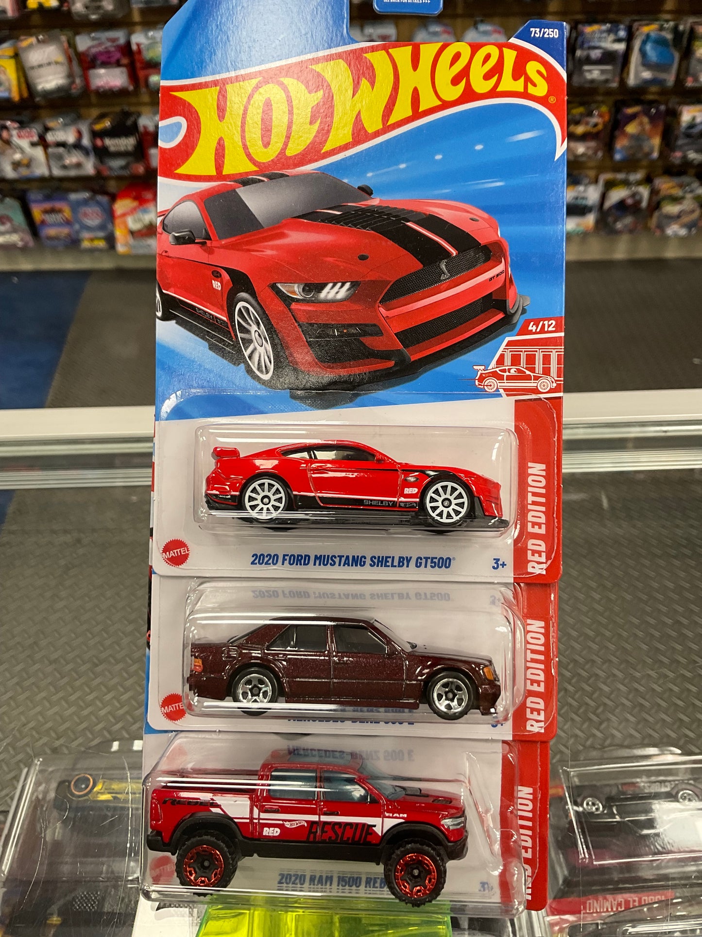 Hot Wheels Red Edition Set Of 3 F-Case Mercedes-Benz 500 E, 2020 Ford Mustang Shelby GT500, and 2020 Ram 1500 Rebel