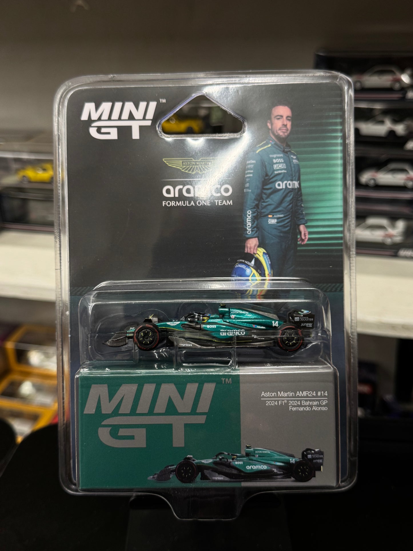 Mini GT 999 Aston Martin AMR24 #14 2024 F1 2024 Bahrain GP Fernando Alonso