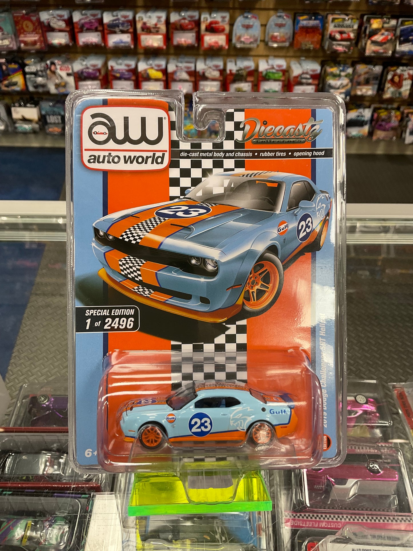 Autoworld DiecastZ Exclusive Gulf 2019 Dodge Challenger SRT Hellcat Chase and Regular