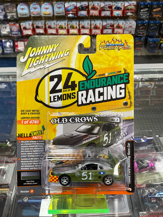 Johnny Lightning 24 Hrs of Lemons Endurance Racing 1990s Ford Mustang Race Car Dark Silver with Military Green