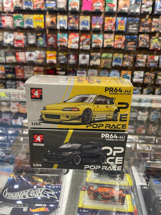 Set of 2 Pop Race PR64-243 Pandem Civic EG6 Yellow and Pop Race PR64-247 Pandem GR Yaris Black