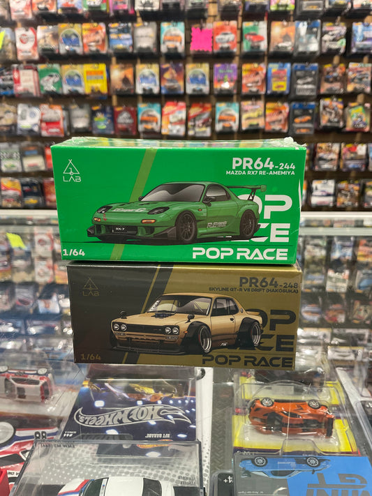 Set of 2 Pop Race PR64-248 Skyline GT-R V8 Drift (Hakosuka) Gold and Pop Race PR64-244 Mazda RX-7 Re-Amemiya Widebody Green