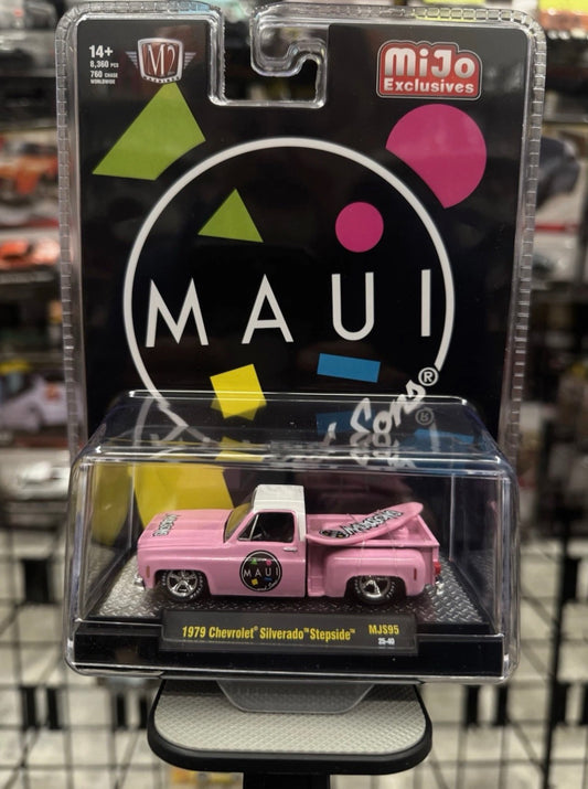 M2 Machines 1979 Chevrolet Silverado Stepside Maui & Son Pink with Surfboard