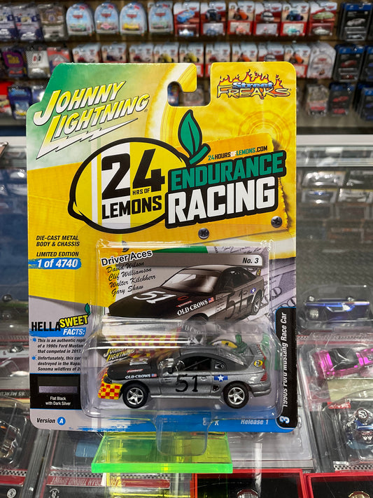 Johnny Lightning 24 Hrs of Lemons Endurance racing 1990s Ford Mustang Race Car Flat Black with Dark Silver